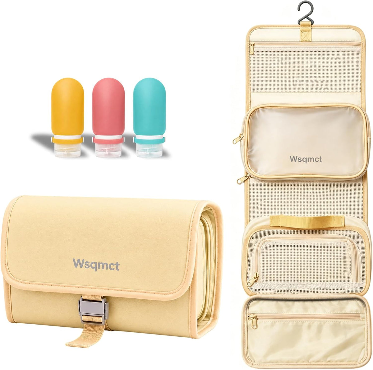 Hanging Travel Toiletry Bag, Waterproof Travel Bag for Toiletries Makeup Cosmetic Bag Organizer for Women Traveling Bathroom Shower, with 3 Silicone Travel Bottles, Beige
