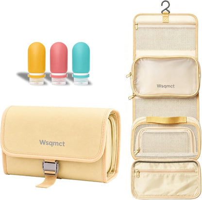 Hanging Travel Toiletry Bag, Waterproof Travel Bag for Toiletries Makeup Cosmetic Bag Organizer for Women Traveling Bathroom Shower, with 3 Silicone Travel Bottles, Beige