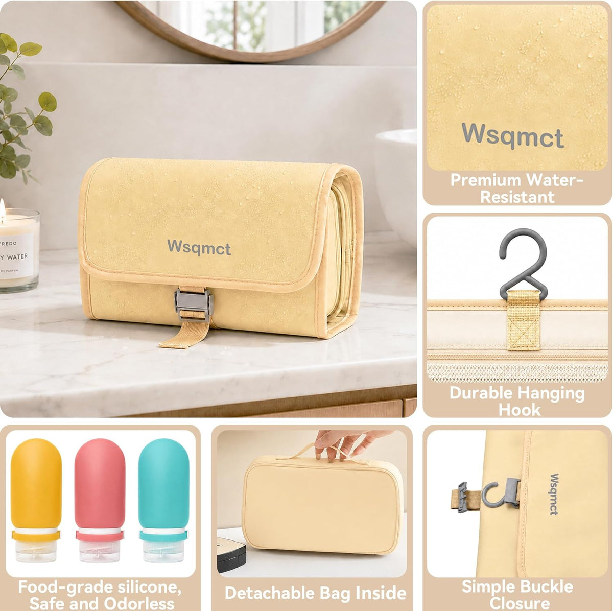 Hanging Travel Toiletry Bag, Waterproof Travel Bag for Toiletries Makeup Cosmetic Bag Organizer for Women Traveling Bathroom Shower, with 3 Silicone Travel Bottles, Beige
