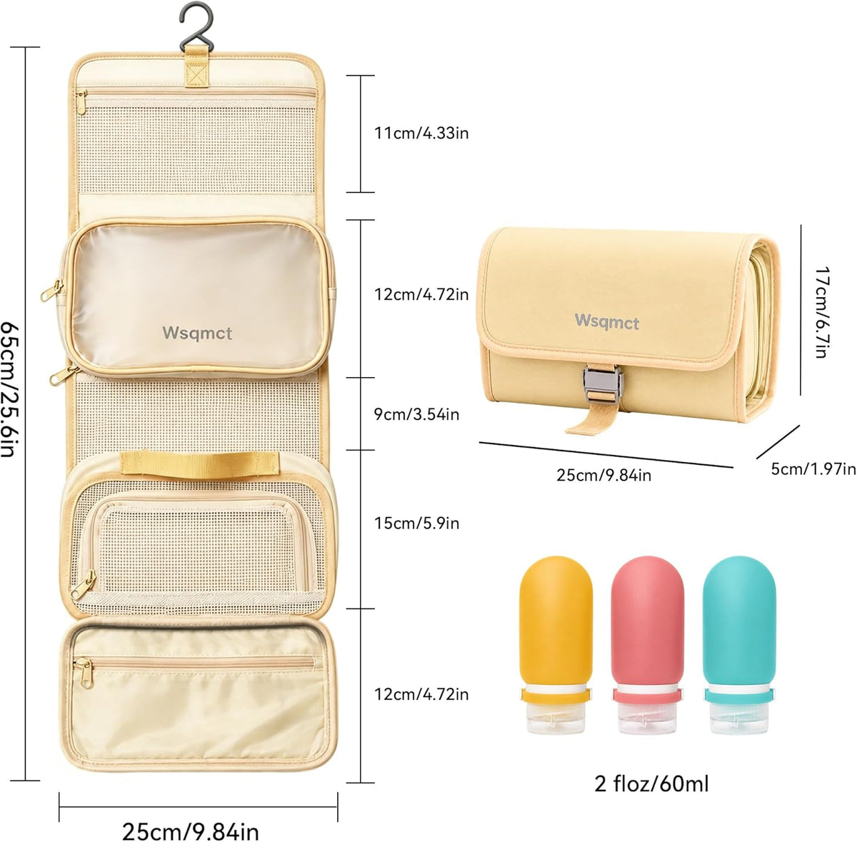 Hanging Travel Toiletry Bag, Waterproof Travel Bag for Toiletries Makeup Cosmetic Bag Organizer for Women Traveling Bathroom Shower, with 3 Silicone Travel Bottles, Beige