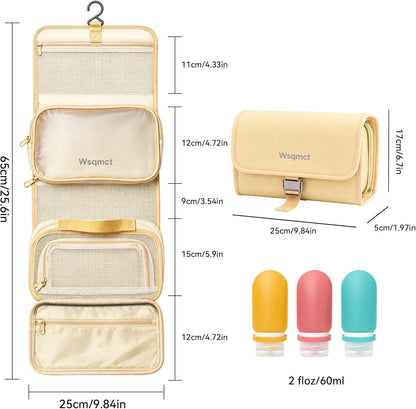 Hanging Travel Toiletry Bag, Waterproof Travel Bag for Toiletries Makeup Cosmetic Bag Organizer for Women Traveling Bathroom Shower, with 3 Silicone Travel Bottles, Beige