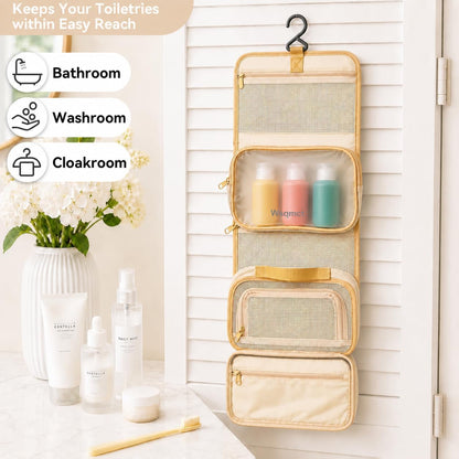 Hanging Travel Toiletry Bag, Waterproof Travel Bag for Toiletries Makeup Cosmetic Bag Organizer for Women Traveling Bathroom Shower, with 3 Silicone Travel Bottles, Beige