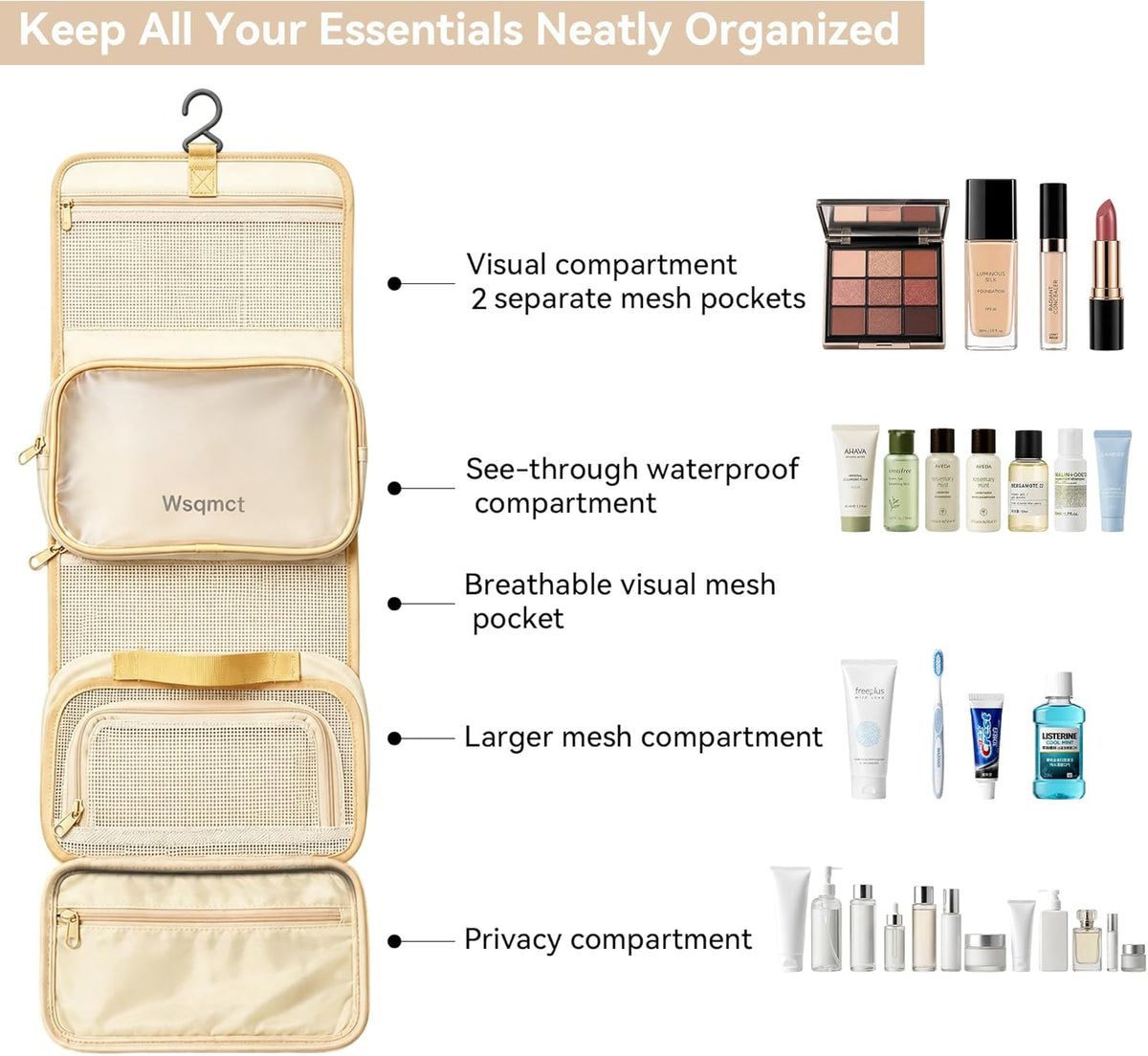 Hanging Travel Toiletry Bag, Waterproof Travel Bag for Toiletries Makeup Cosmetic Bag Organizer for Women Traveling Bathroom Shower, with 3 Silicone Travel Bottles, Beige