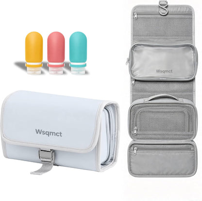 Hanging Travel Toiletry Bag, Waterproof Travel Bag for Toiletries Makeup Cosmetic Bag Organizer for Women Traveling Bathroom Shower, with 3 Silicone Travel Bottles, Beige