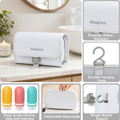 Hanging Travel Toiletry Bag, Waterproof Travel Bag for Toiletries Makeup Cosmetic Bag Organizer for Women Traveling Bathroom Shower, with 3 Silicone Travel Bottles, Beige