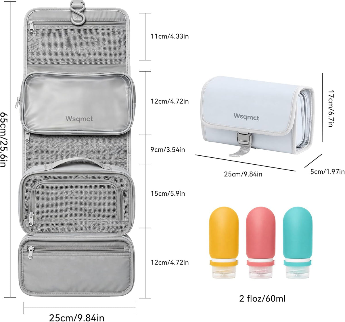 Hanging Travel Toiletry Bag, Waterproof Travel Bag for Toiletries Makeup Cosmetic Bag Organizer for Women Traveling Bathroom Shower, with 3 Silicone Travel Bottles, Beige