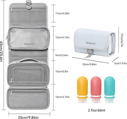 Hanging Travel Toiletry Bag, Waterproof Travel Bag for Toiletries Makeup Cosmetic Bag Organizer for Women Traveling Bathroom Shower, with 3 Silicone Travel Bottles, Beige