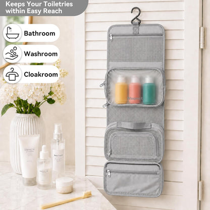 Hanging Travel Toiletry Bag, Waterproof Travel Bag for Toiletries Makeup Cosmetic Bag Organizer for Women Traveling Bathroom Shower, with 3 Silicone Travel Bottles, Beige