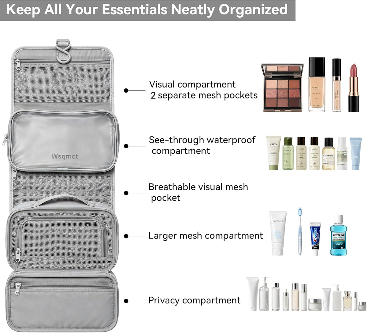 Hanging Travel Toiletry Bag, Waterproof Travel Bag for Toiletries Makeup Cosmetic Bag Organizer for Women Traveling Bathroom Shower, with 3 Silicone Travel Bottles, Beige
