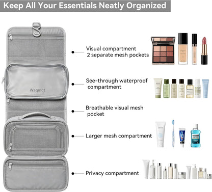 Hanging Travel Toiletry Bag, Waterproof Travel Bag for Toiletries Makeup Cosmetic Bag Organizer for Women Traveling Bathroom Shower, with 3 Silicone Travel Bottles, Beige
