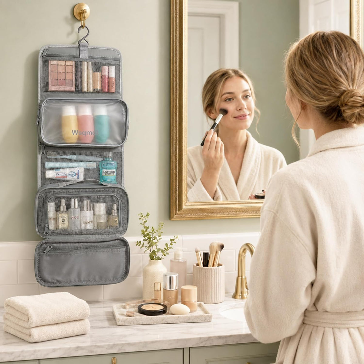 Hanging Travel Toiletry Bag, Waterproof Travel Bag for Toiletries Makeup Cosmetic Bag Organizer for Women Traveling Bathroom Shower, with 3 Silicone Travel Bottles, Beige