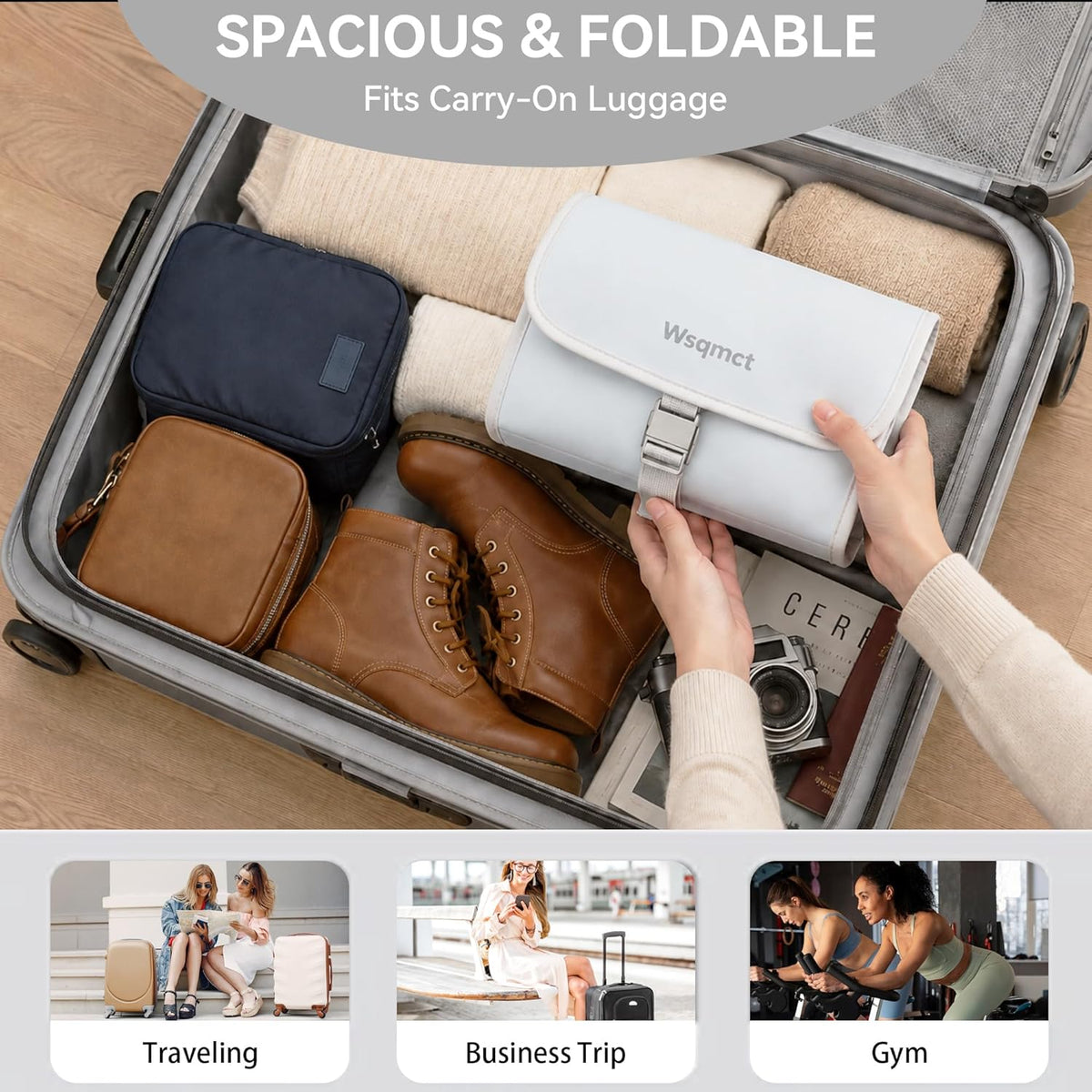Hanging Travel Toiletry Bag, Waterproof Travel Bag for Toiletries Makeup Cosmetic Bag Organizer for Women Traveling Bathroom Shower, with 3 Silicone Travel Bottles, Beige