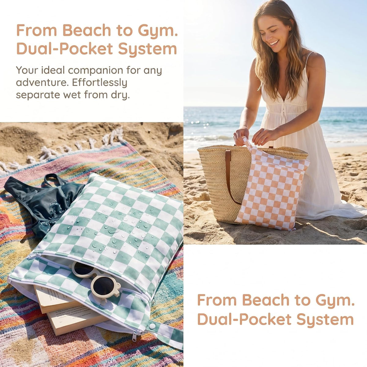 Wet Dry Bags with Two Zippered Pockets and Handle, Reusable Storage Bag for Breast Pump Parts & Baby Items, Waterproof Diaper Bags, Yoga Gym Bag for Swimsuits or Wet Clothes-2pcs, 11.8*15.75"