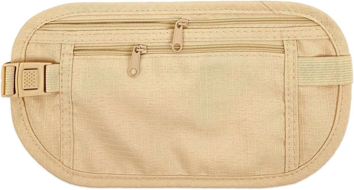 Slim Fanny Pack, Hidden Money Belt, Secure Travel Pouch Protects Cash, Cards, Passport, Travel Documents, and Smartphone, Beige