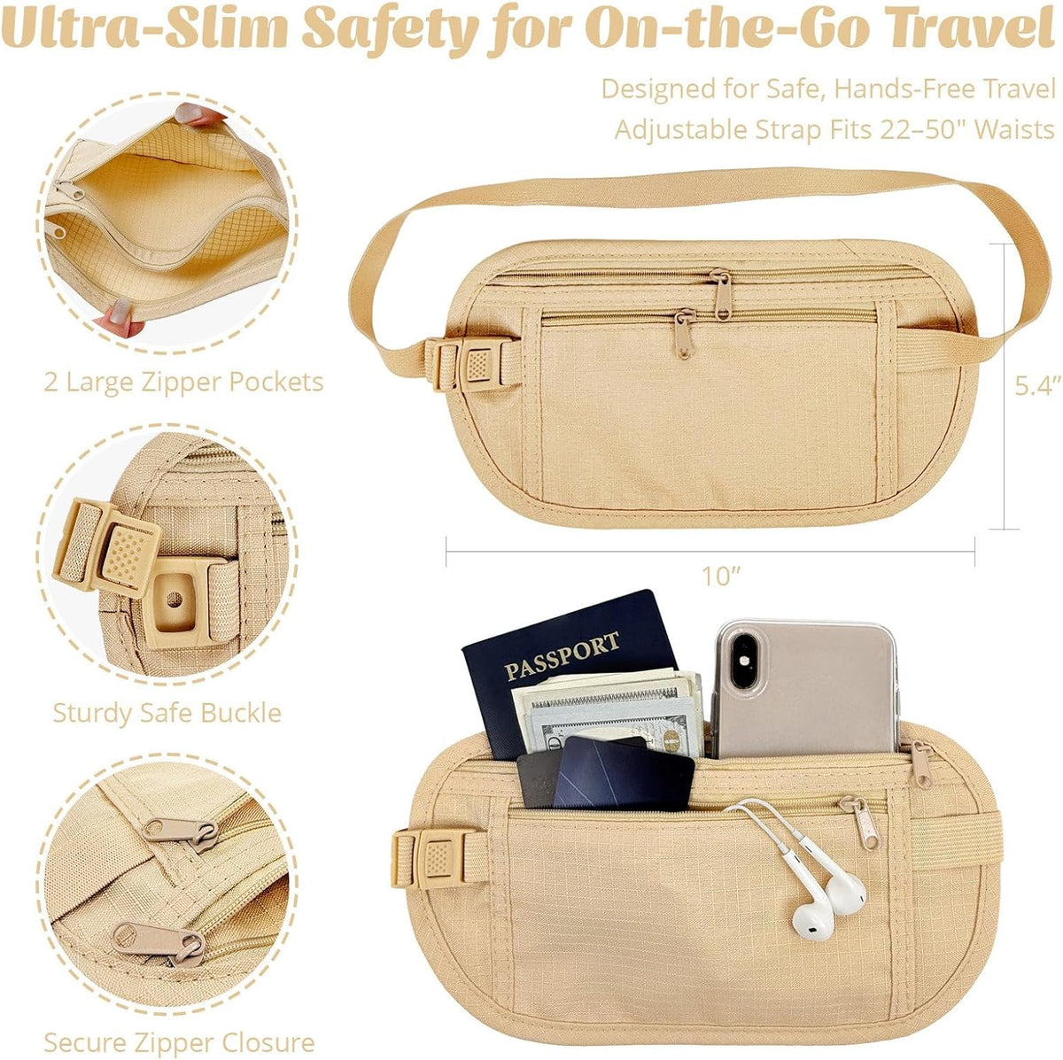 Slim Fanny Pack, Hidden Money Belt, Secure Travel Pouch Protects Cash, Cards, Passport, Travel Documents, and Smartphone, Beige