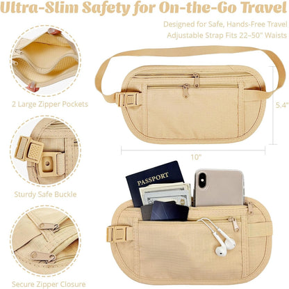 Slim Fanny Pack, Hidden Money Belt, Secure Travel Pouch Protects Cash, Cards, Passport, Travel Documents, and Smartphone, Beige
