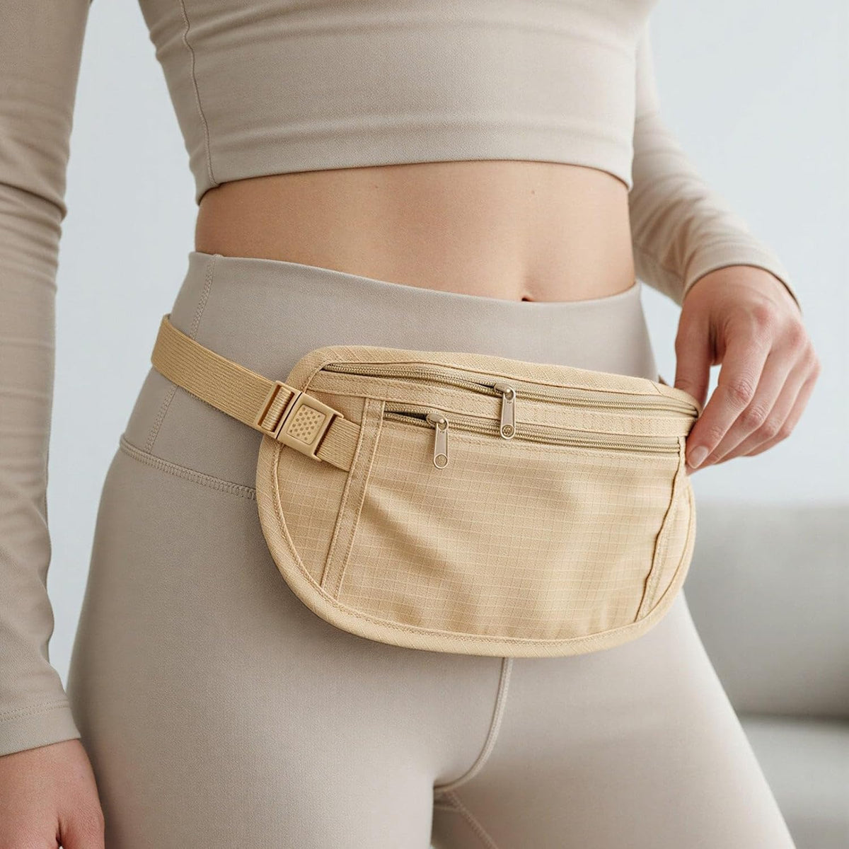 Slim Fanny Pack, Hidden Money Belt, Secure Travel Pouch Protects Cash, Cards, Passport, Travel Documents, and Smartphone, Beige
