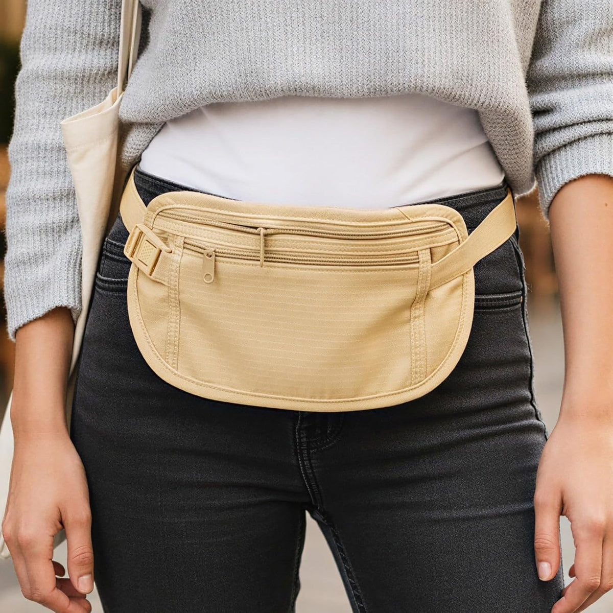 Slim Fanny Pack, Hidden Money Belt, Secure Travel Pouch Protects Cash, Cards, Passport, Travel Documents, and Smartphone, Beige