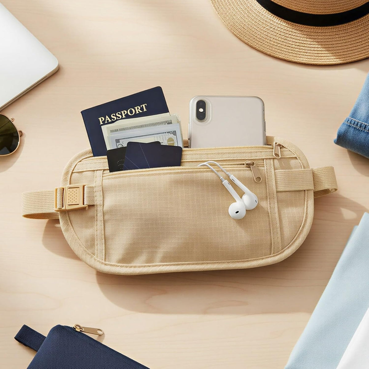 Slim Fanny Pack, Hidden Money Belt, Secure Travel Pouch Protects Cash, Cards, Passport, Travel Documents, and Smartphone, Beige
