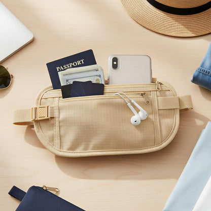 Slim Fanny Pack, Hidden Money Belt, Secure Travel Pouch Protects Cash, Cards, Passport, Travel Documents, and Smartphone, Beige