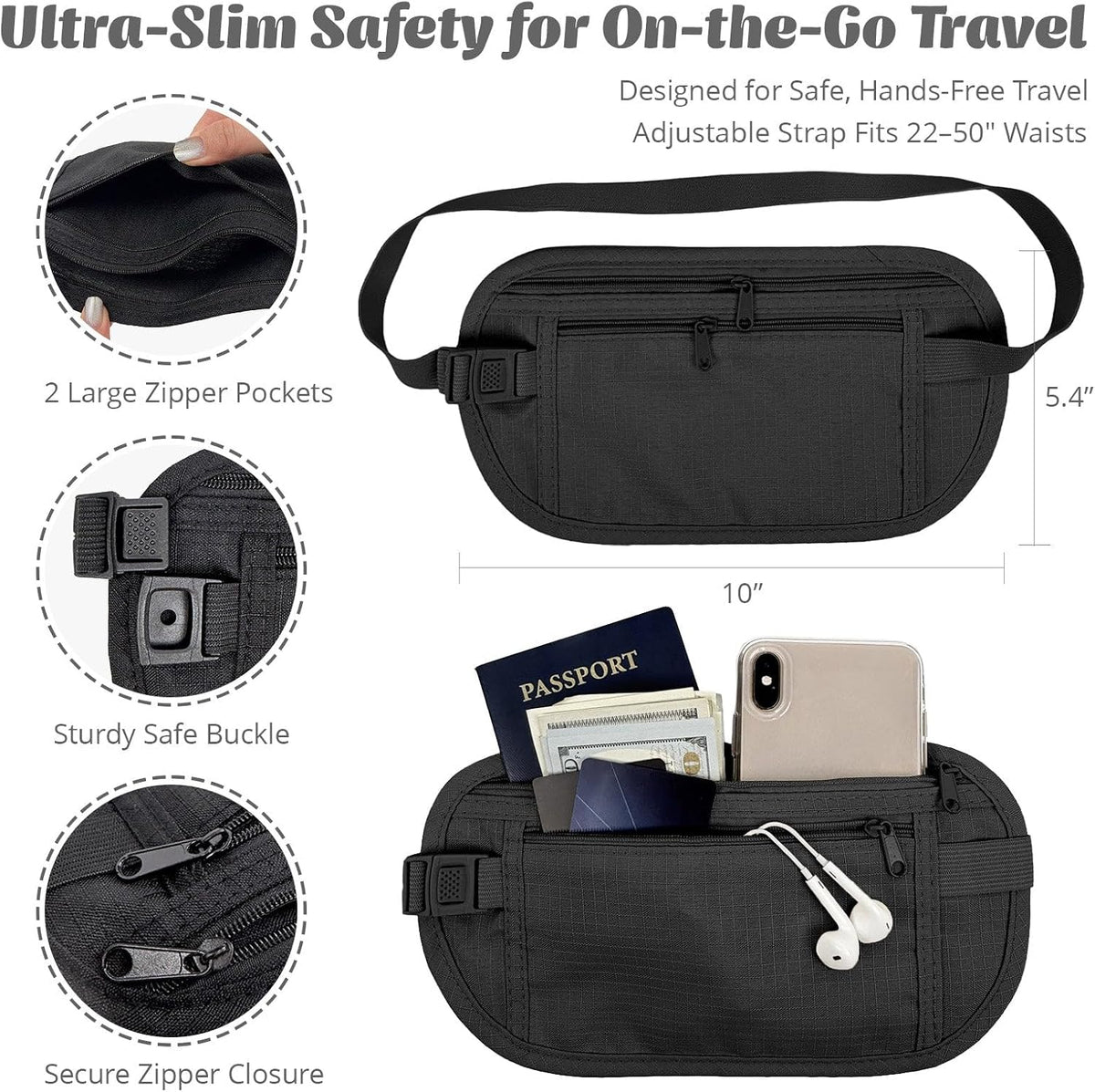 Slim Fanny Pack, Hidden Money Belt, Secure Travel Pouch Protects Cash, Cards, Passport, Travel Documents, and Smartphone, Beige