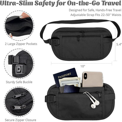 Slim Fanny Pack, Hidden Money Belt, Secure Travel Pouch Protects Cash, Cards, Passport, Travel Documents, and Smartphone, Beige
