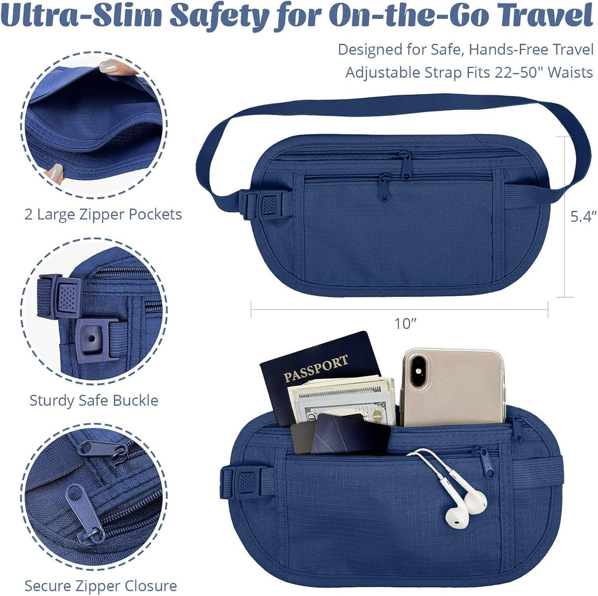 Slim Fanny Pack, Hidden Money Belt, Secure Travel Pouch Protects Cash, Cards, Passport, Travel Documents, and Smartphone, Beige