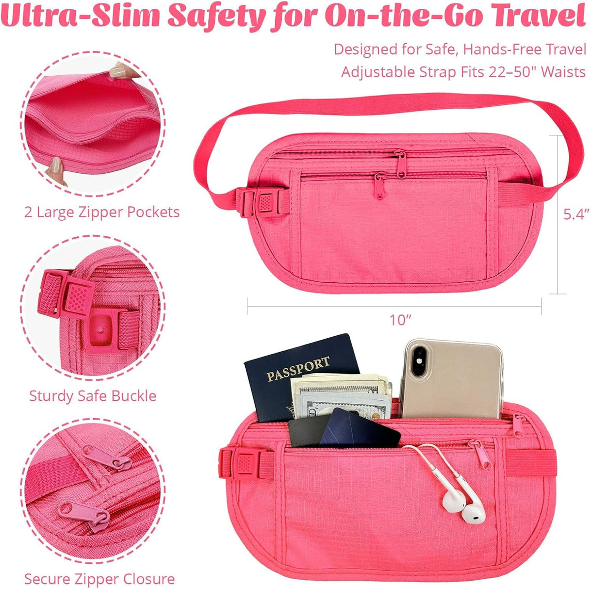 Slim Fanny Pack, Hidden Money Belt, Secure Travel Pouch Protects Cash, Cards, Passport, Travel Documents, and Smartphone, Beige