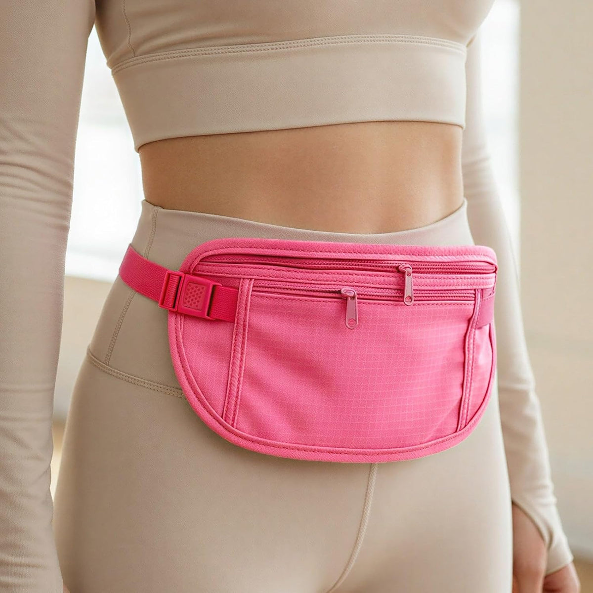 Slim Fanny Pack, Hidden Money Belt, Secure Travel Pouch Protects Cash, Cards, Passport, Travel Documents, and Smartphone, Beige