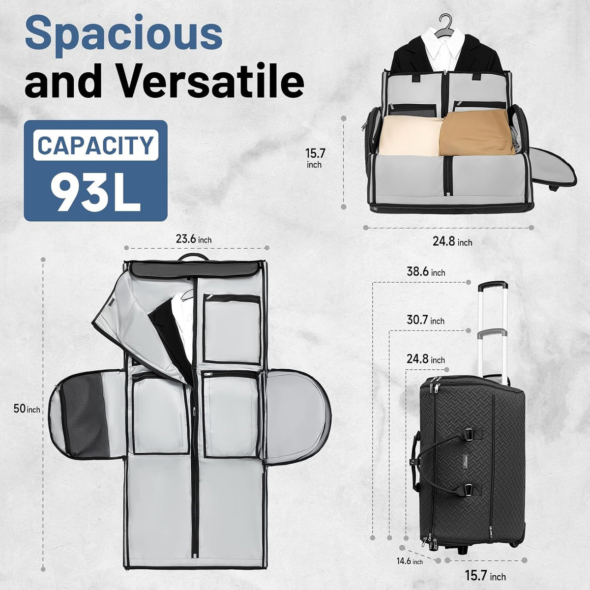 93L Carry on Garment Duffle Bag with Wheels, Folding Convertible Rolling Garment Bag for Travel with Shoes Compartment, Wheeled Waterproof Suit Bag Travel for Men Women