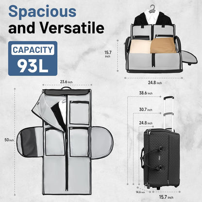 93L Carry on Garment Duffle Bag with Wheels, Folding Convertible Rolling Garment Bag for Travel with Shoes Compartment, Wheeled Waterproof Suit Bag Travel for Men Women