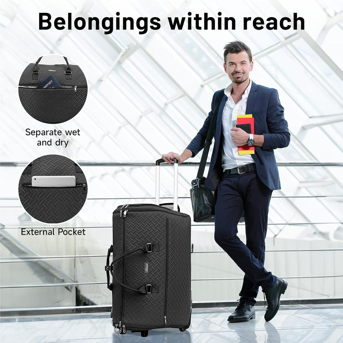 93L Carry on Garment Duffle Bag with Wheels, Folding Convertible Rolling Garment Bag for Travel with Shoes Compartment, Wheeled Waterproof Suit Bag Travel for Men Women