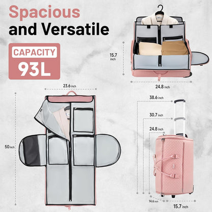 93L Carry on Garment Duffle Bag with Wheels, Folding Convertible Rolling Garment Bag for Travel with Shoes Compartment, Wheeled Waterproof Suit Bag Travel for Men Women