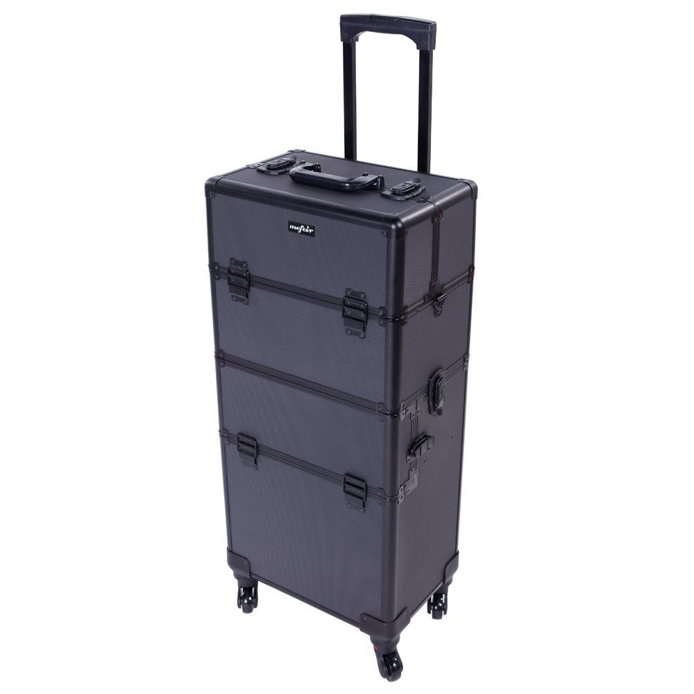 2 in 1 Rolling Makeup Train Case, Travel Makeup Organizer Cosmetic Display Case, Aluminum Cosmetology Supply Suitcase on Wheels, Beauty Storage Luggage Lockable w/4 Removable Wheels (Black)