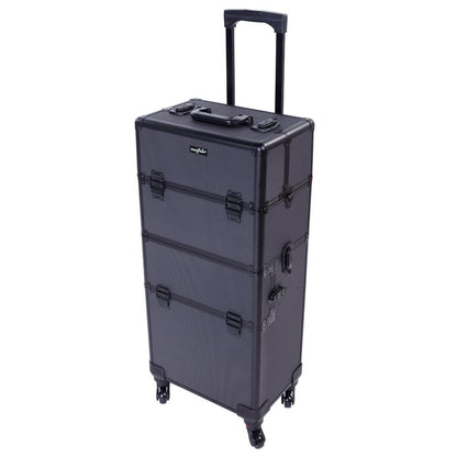 2 in 1 Rolling Makeup Train Case, Travel Makeup Organizer Cosmetic Display Case, Aluminum Cosmetology Supply Suitcase on Wheels, Beauty Storage Luggage Lockable w/4 Removable Wheels (Black)