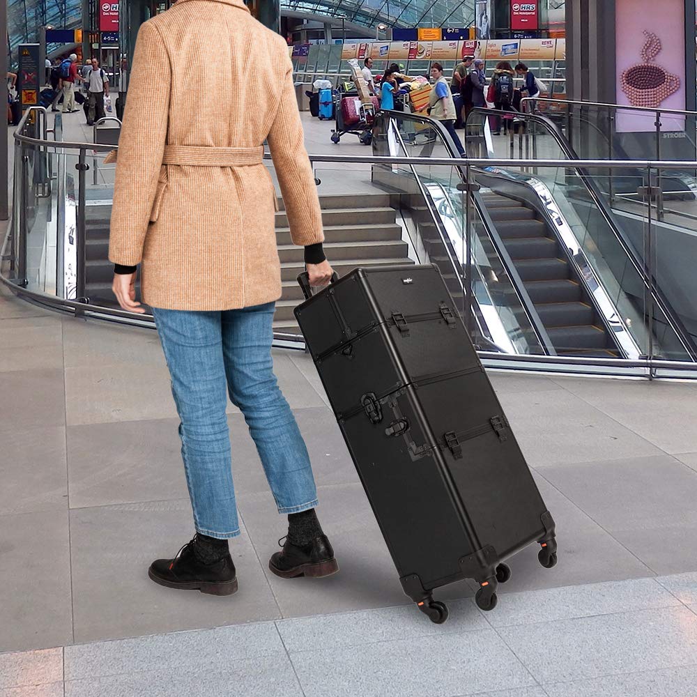 2 in 1 Rolling Makeup Train Case, Travel Makeup Organizer Cosmetic Display Case, Aluminum Cosmetology Supply Suitcase on Wheels, Beauty Storage Luggage Lockable w/4 Removable Wheels (Black)