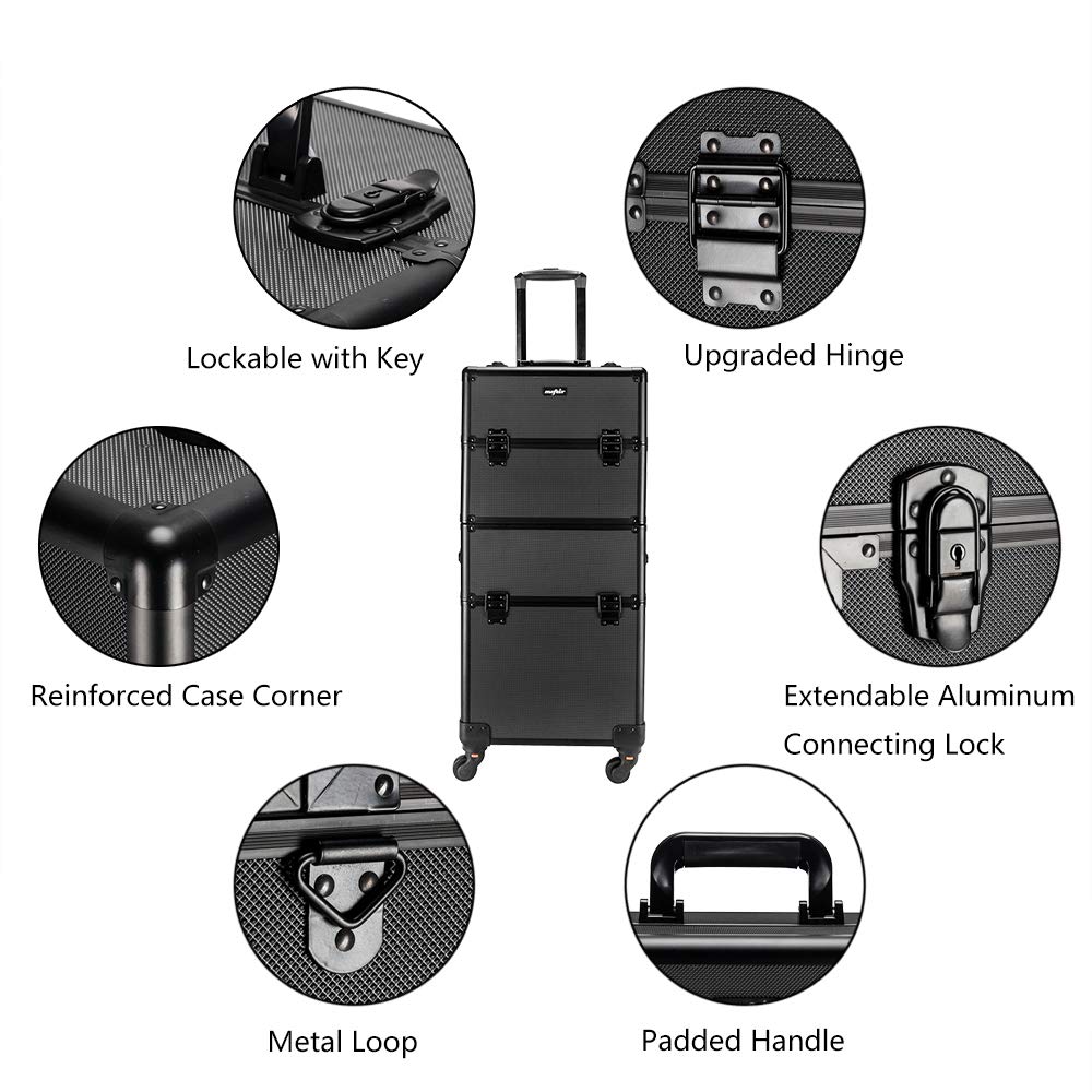 2 in 1 Rolling Makeup Train Case, Travel Makeup Organizer Cosmetic Display Case, Aluminum Cosmetology Supply Suitcase on Wheels, Beauty Storage Luggage Lockable w/4 Removable Wheels (Black)