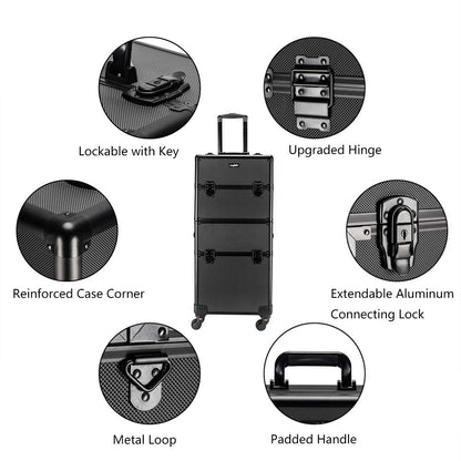 2 in 1 Rolling Makeup Train Case, Travel Makeup Organizer Cosmetic Display Case, Aluminum Cosmetology Supply Suitcase on Wheels, Beauty Storage Luggage Lockable w/4 Removable Wheels (Black)