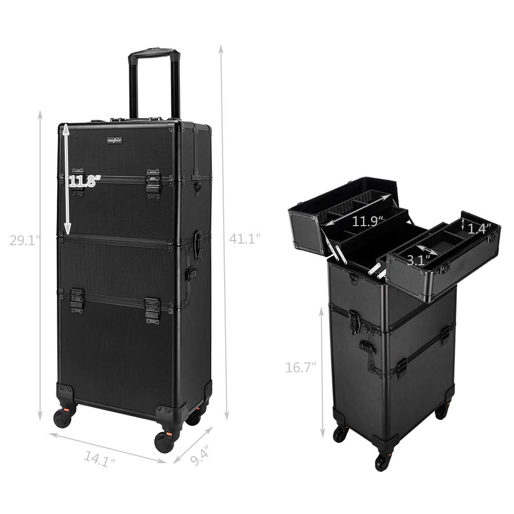 2 in 1 Rolling Makeup Train Case, Travel Makeup Organizer Cosmetic Display Case, Aluminum Cosmetology Supply Suitcase on Wheels, Beauty Storage Luggage Lockable w/4 Removable Wheels (Black)