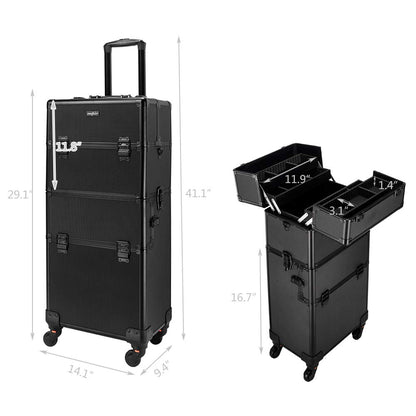 2 in 1 Rolling Makeup Train Case, Travel Makeup Organizer Cosmetic Display Case, Aluminum Cosmetology Supply Suitcase on Wheels, Beauty Storage Luggage Lockable w/4 Removable Wheels (Black)