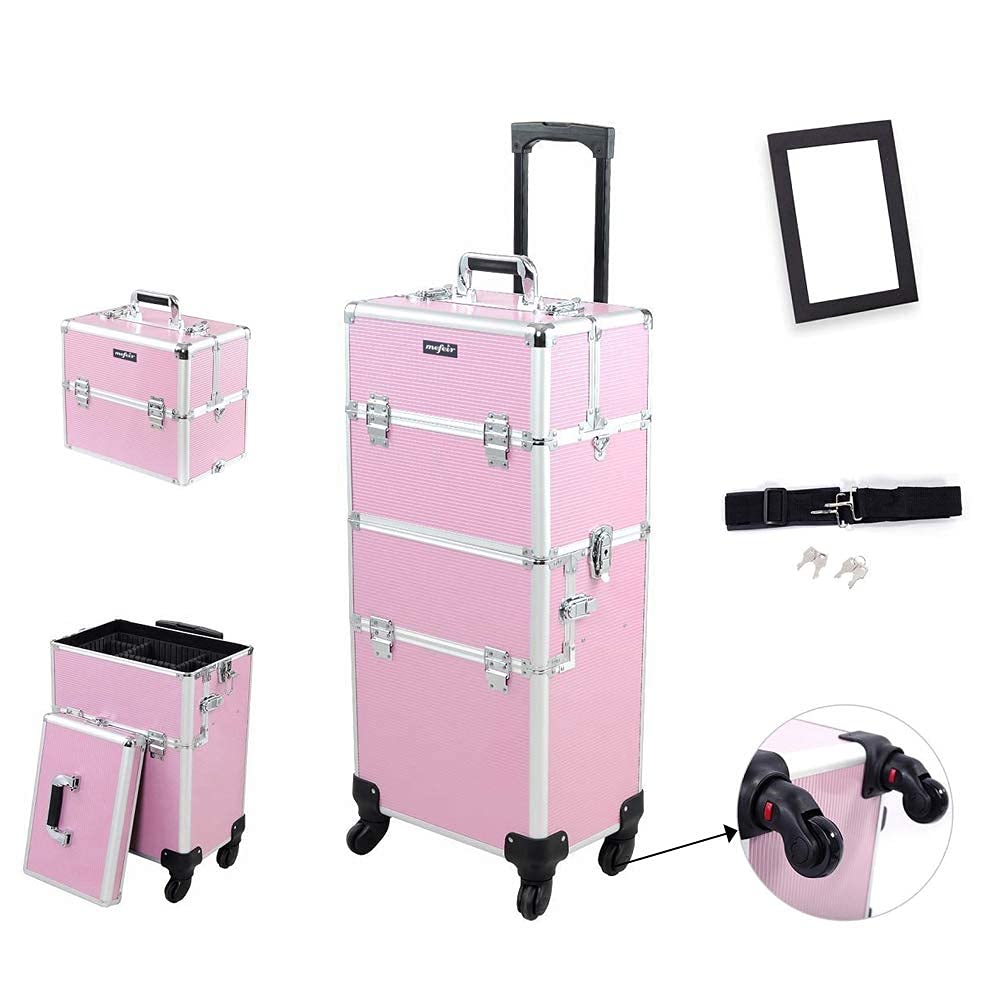 2 in 1 Rolling Makeup Train Case, Travel Makeup Organizer Cosmetic Display Case, Aluminum Cosmetology Supply Suitcase on Wheels, Beauty Storage Luggage Lockable w/4 Removable Wheels (Black)