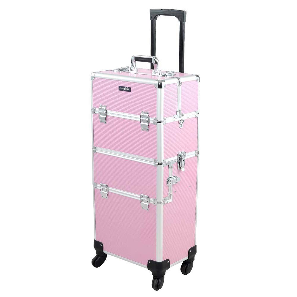 2 in 1 Rolling Makeup Train Case, Travel Makeup Organizer Cosmetic Display Case, Aluminum Cosmetology Supply Suitcase on Wheels, Beauty Storage Luggage Lockable w/4 Removable Wheels (Black)