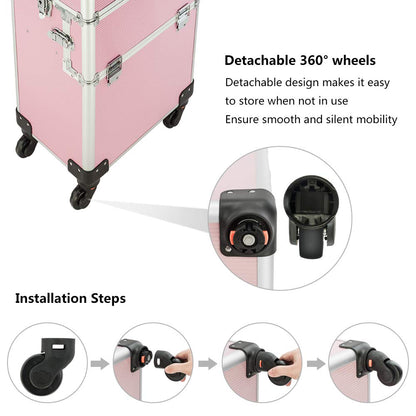 2 in 1 Rolling Makeup Train Case, Travel Makeup Organizer Cosmetic Display Case, Aluminum Cosmetology Supply Suitcase on Wheels, Beauty Storage Luggage Lockable w/4 Removable Wheels (Black)