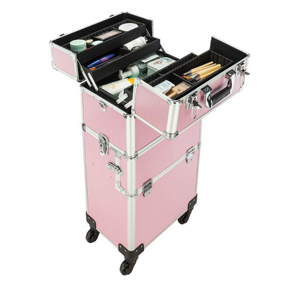 2 in 1 Rolling Makeup Train Case, Travel Makeup Organizer Cosmetic Display Case, Aluminum Cosmetology Supply Suitcase on Wheels, Beauty Storage Luggage Lockable w/4 Removable Wheels (Black)