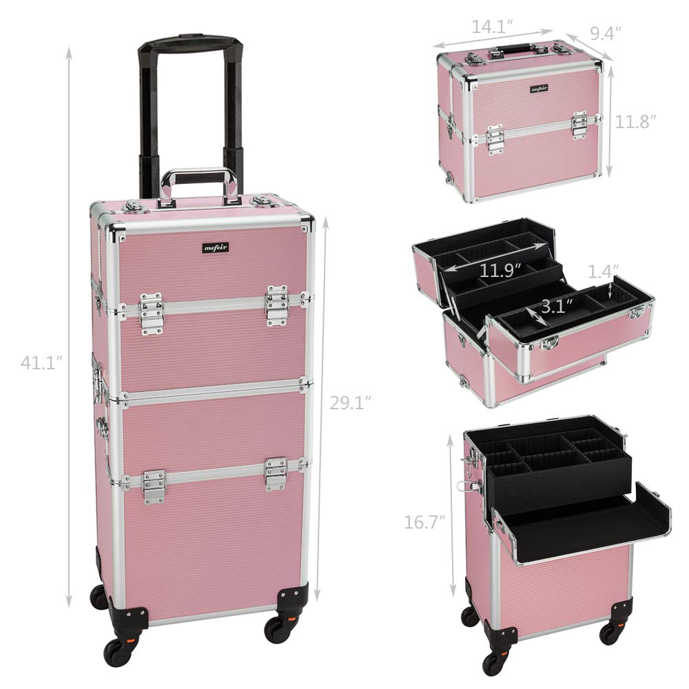 2 in 1 Rolling Makeup Train Case, Travel Makeup Organizer Cosmetic Display Case, Aluminum Cosmetology Supply Suitcase on Wheels, Beauty Storage Luggage Lockable w/4 Removable Wheels (Black)