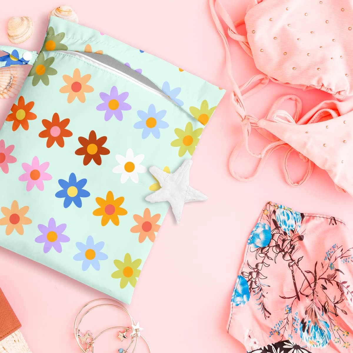 Wet Bag Wet Dry Bag Wet Bag for Swimsuit Travel Beach Pool Diapers Dirty Yoga Gym Clothes Toiletries Makeup Bag Waterproof Reusable Cute Daisy Floral Flower