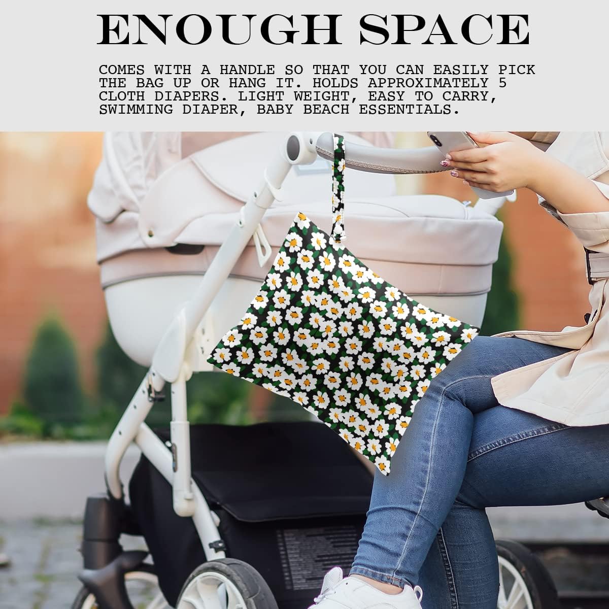 Wet Bag Wet Dry Bag Wet Bag for Swimsuit Travel Beach Pool Diapers Dirty Yoga Gym Clothes Toiletries Makeup Bag Waterproof Reusable Cute Daisy Floral Flower