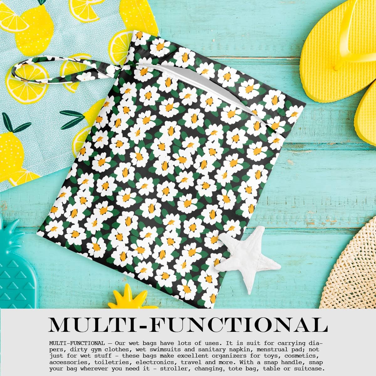 Wet Bag Wet Dry Bag Wet Bag for Swimsuit Travel Beach Pool Diapers Dirty Yoga Gym Clothes Toiletries Makeup Bag Waterproof Reusable Cute Daisy Floral Flower