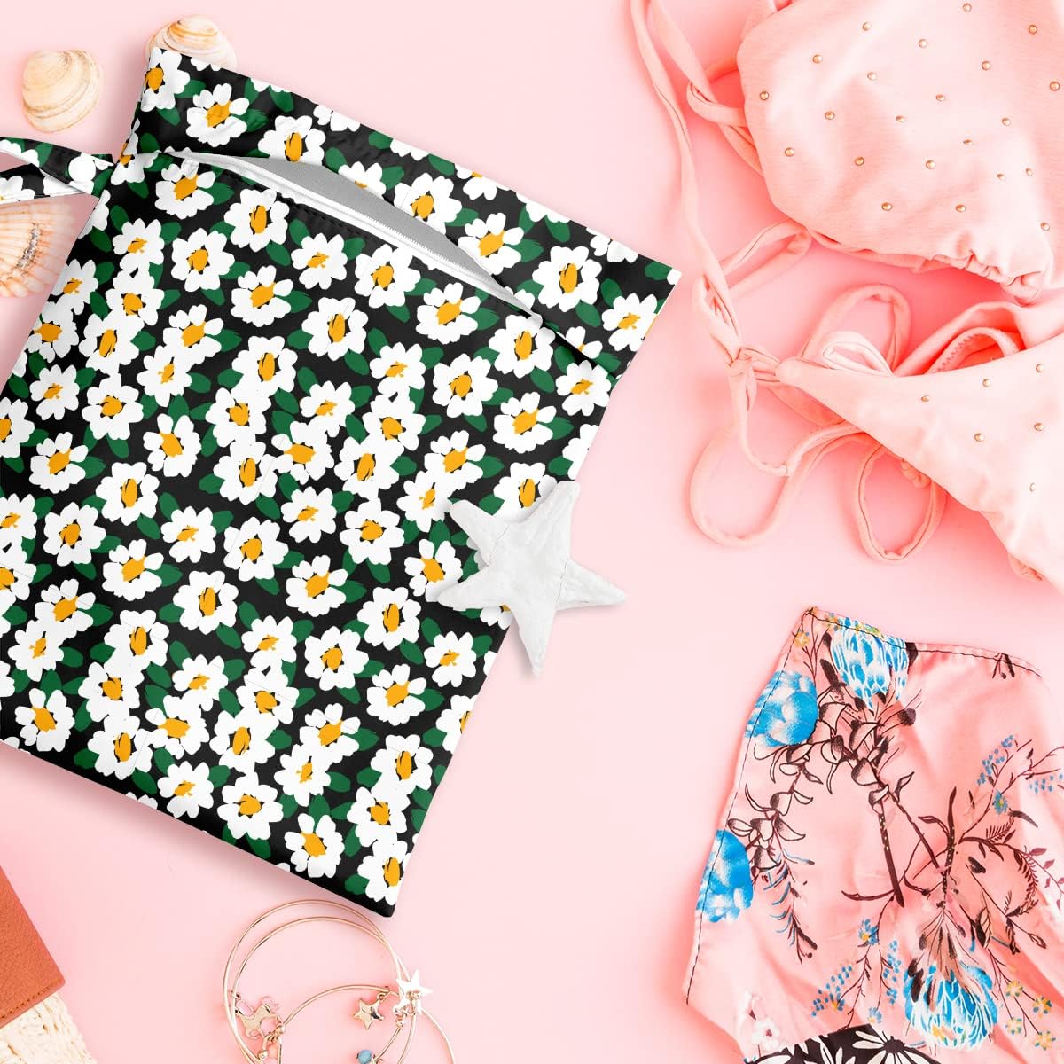 Wet Bag Wet Dry Bag Wet Bag for Swimsuit Travel Beach Pool Diapers Dirty Yoga Gym Clothes Toiletries Makeup Bag Waterproof Reusable Cute Daisy Floral Flower