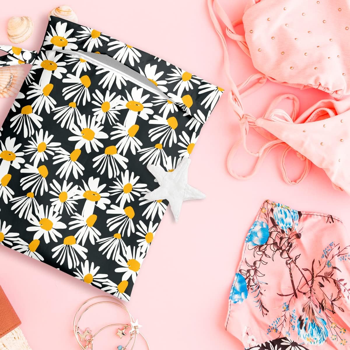 Wet Bag Wet Dry Bag Wet Bag for Swimsuit Travel Beach Pool Diapers Dirty Yoga Gym Clothes Toiletries Makeup Bag Waterproof Reusable Cute Daisy Floral Flower
